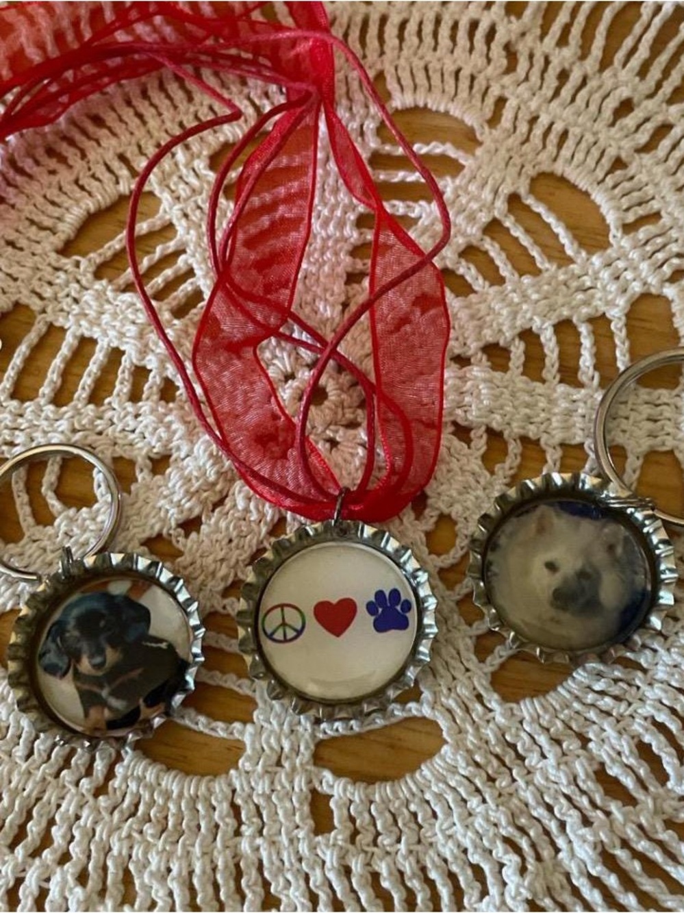 Trio of Handmade  Bottle Cap Dog Theme Necklace and Keychains